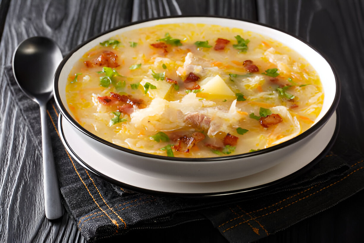 A bowl of hearty soup with cabbage, potatoes, and bits of bacon, garnished with green herbs, placed on a black wooden table.