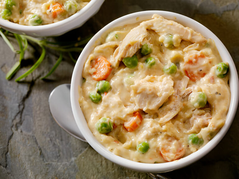 A bowl of creamy chicken and vegetable stew featuring shredded chicken, peas, and carrots.