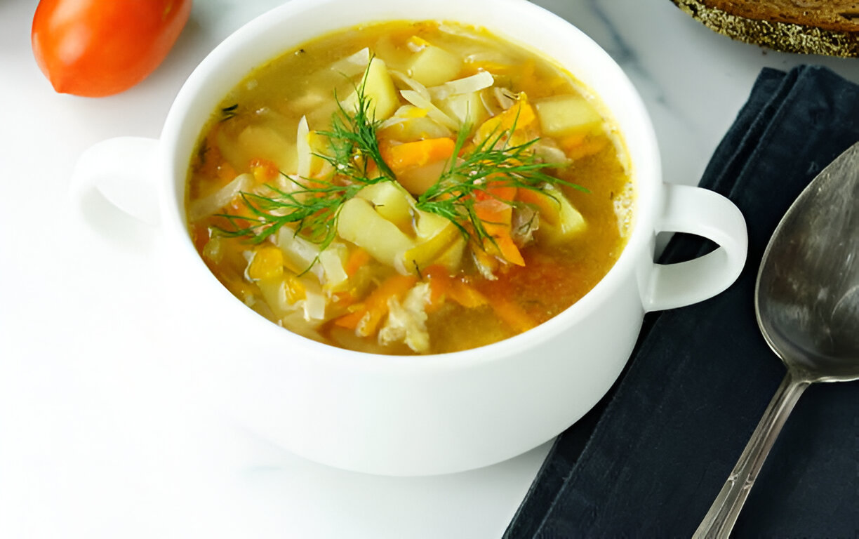 A bowl of vegetable soup garnished with dill, served on a white surface with a spoon and a tomato in the background.