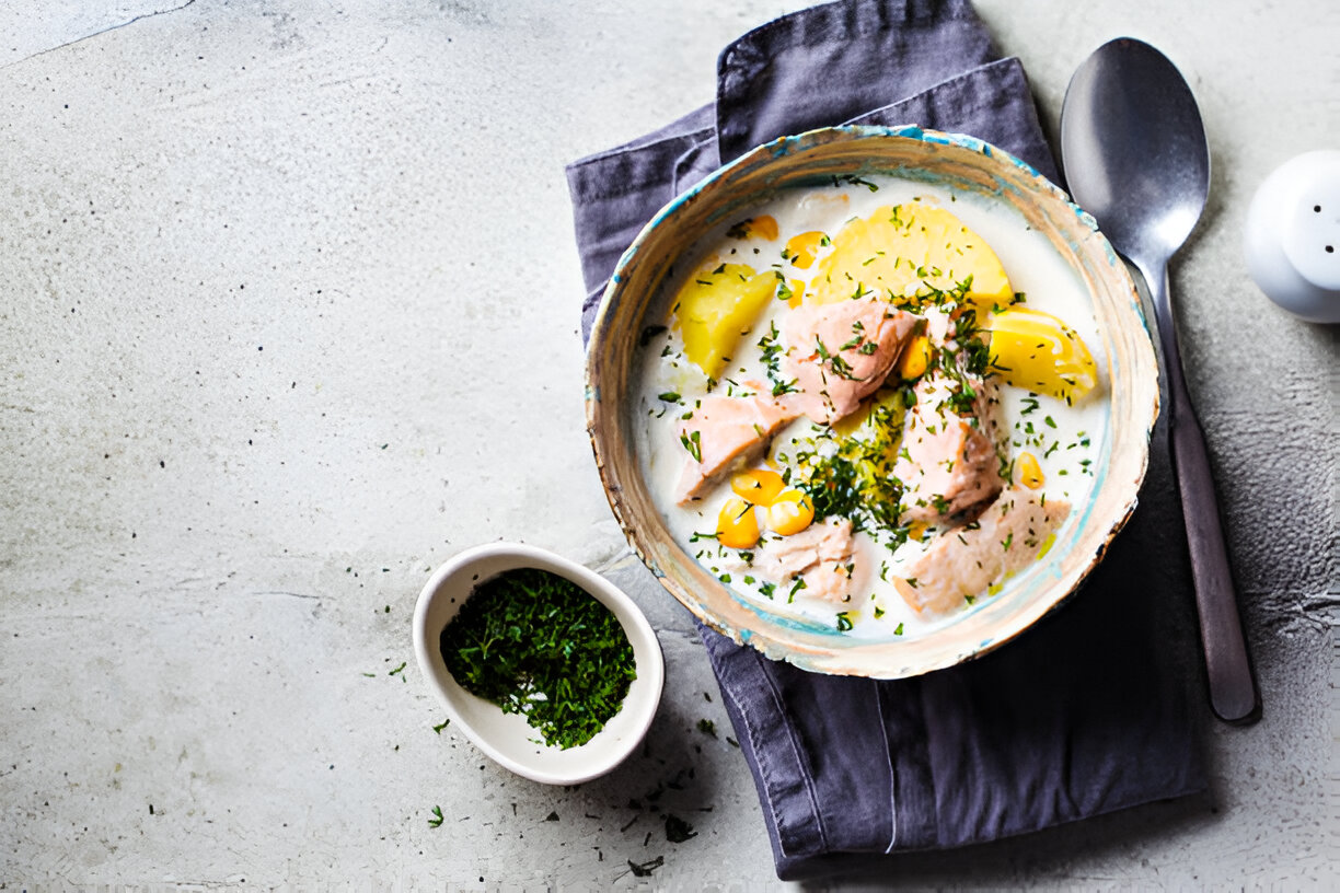 A bowl of creamy salmon soup with yellow potatoes and corn, garnished with fresh herbs, alongside a small dish of chopped herbs and a spoon.