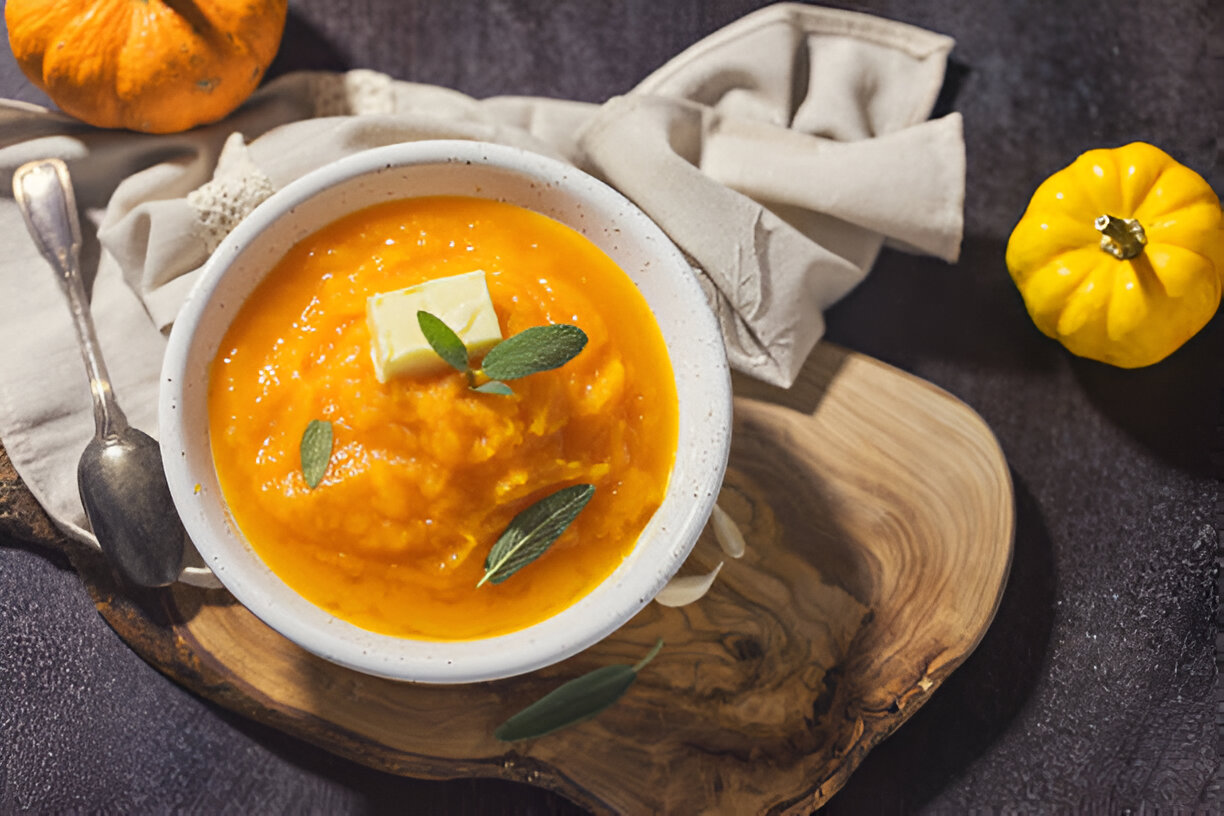 A bowl of creamy orange soup topped with white swirl, herbs, and red pepper flakes on a textured black background.