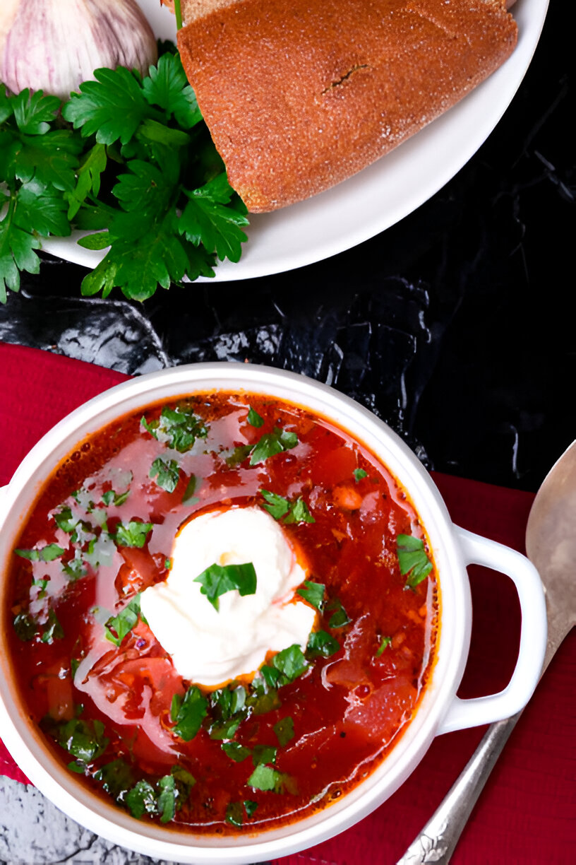 A bowl of vibrant red soup garnished with sour cream and herbs, accompanied by a slice of bread and garlic on a plate.
