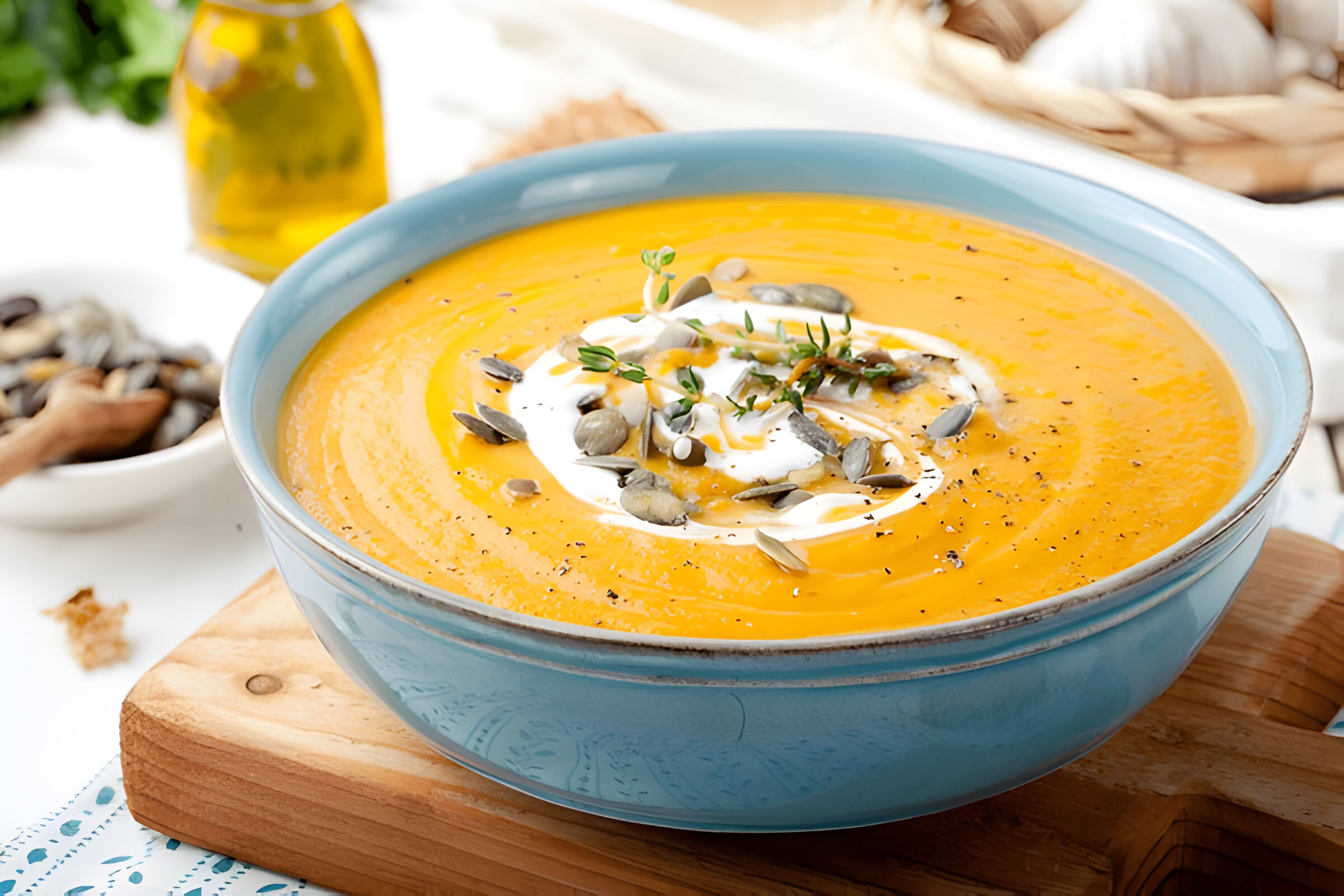 A bowl of creamy orange soup topped with pumpkin seeds and a swirl of cream, placed on a wooden board.