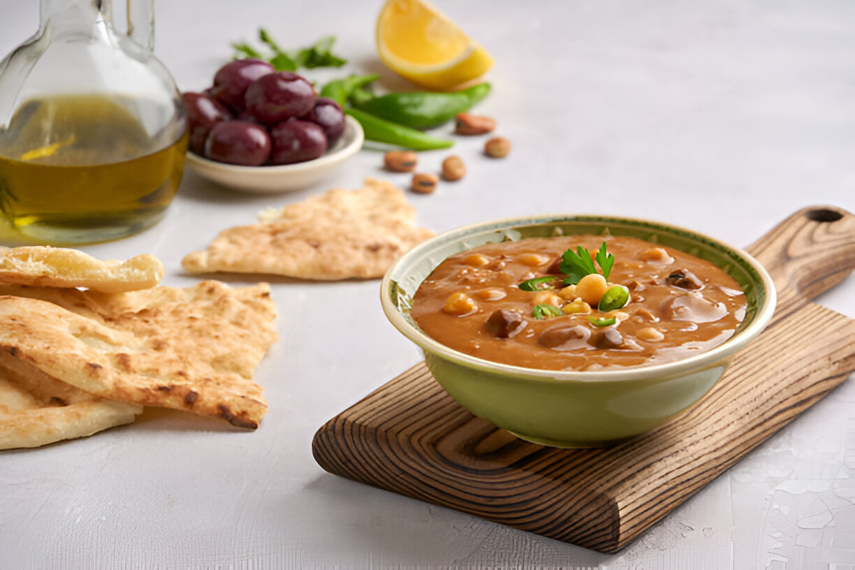 A bowl of hearty soup garnished with green herbs, accompanied by pita bread, olives, lemon, and olive oil.