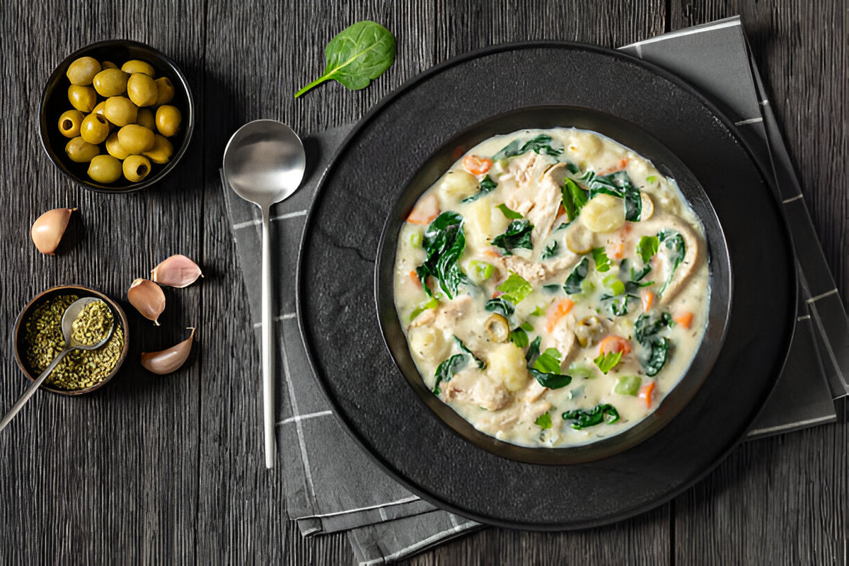 A bowl of creamy chicken soup with spinach and vegetables, served on a dark wooden table with garlic cloves and green olives.