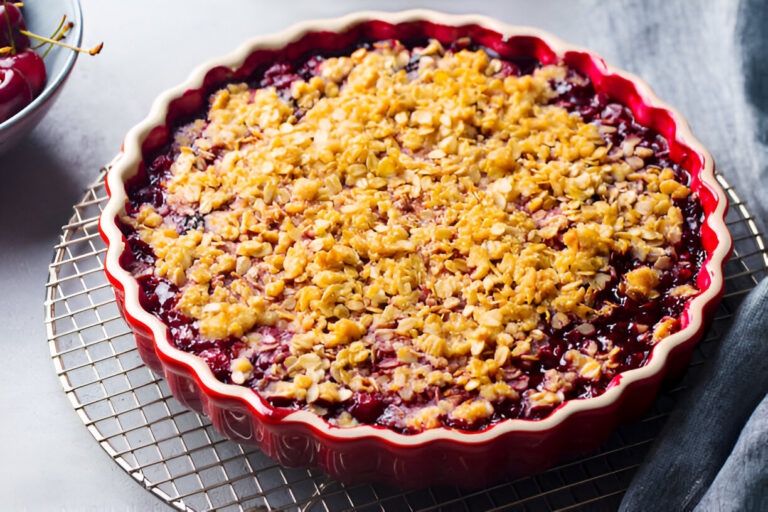 A baked cherry crisp in a decorative red dish, topped with an oats and brown sugar crumble, cooling on a wire rack.