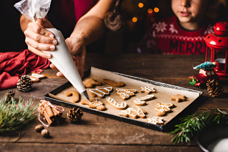 A person decorating gingerbread cookies with icing on a baking tray, with festive decorations in the background.