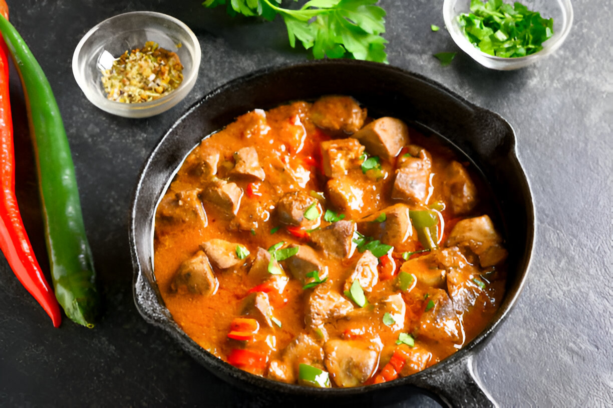 A delicious beef stew in a cast iron skillet with green and red chilies on the side.