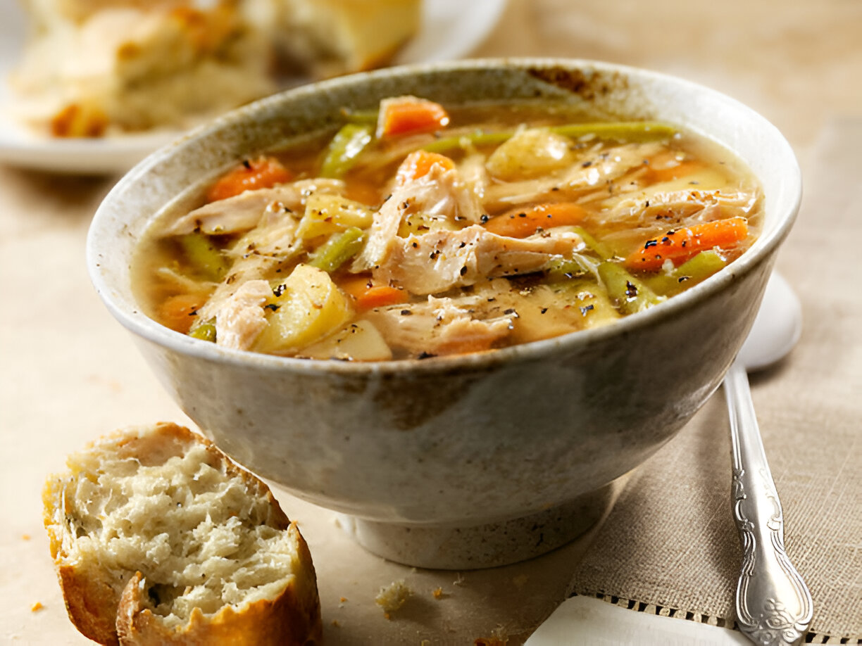 A bowl of chicken vegetable soup with chunks of chicken, carrots, and green beans, served with a piece of crusty bread.