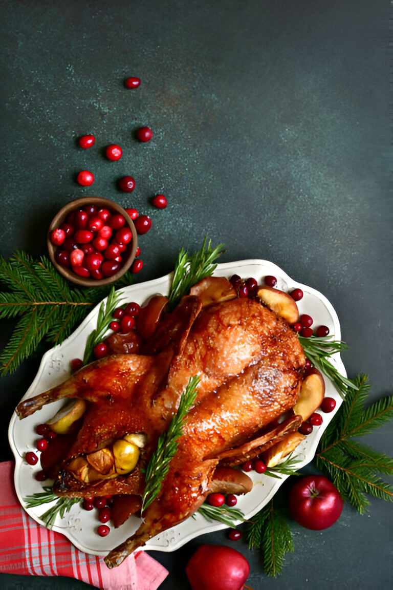 Roasted duck garnished with cranberries and apples on a white platter
