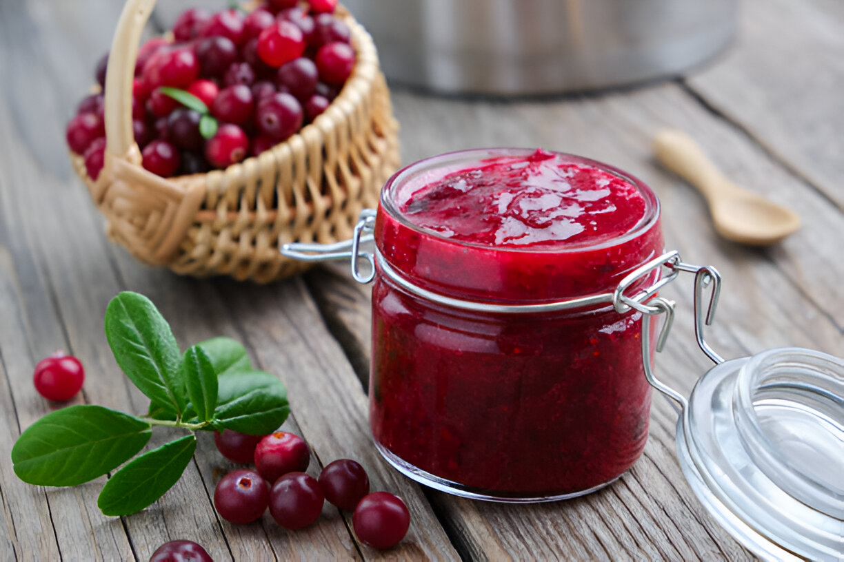 A jar of homemade cranberry jam beside a basket of fresh cranberries on a wooden table.