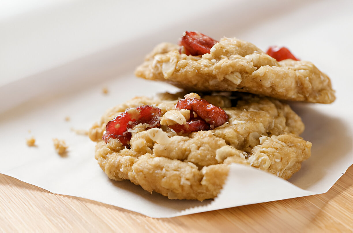 Two oatmeal cookies with dried fruit on parchment paper