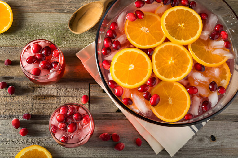 A bowl of fruit punch with slices of orange and cranberries, served alongside two glasses filled with the same punch, on a wooden table.