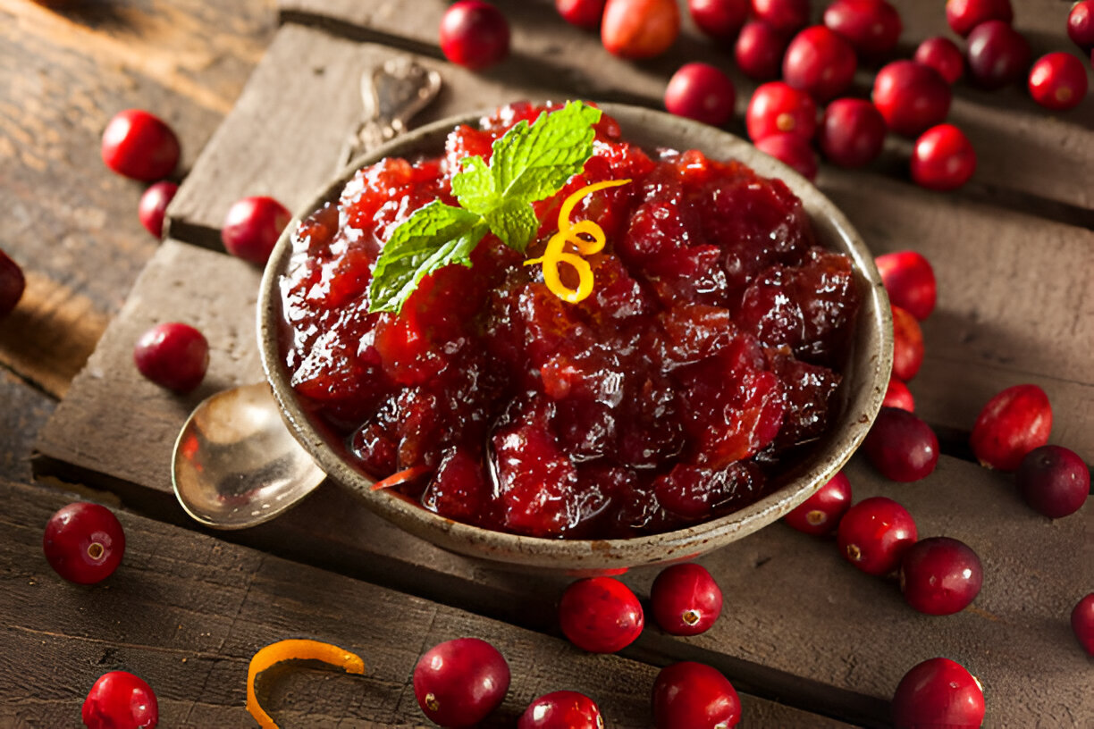 A bowl of cranberry sauce garnished with mint and orange peel, surrounded by fresh cranberries on a rustic wooden surface.