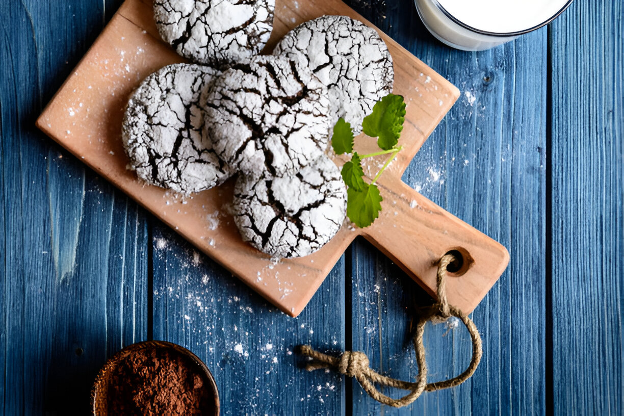 A platter of cracked chocolate cookies dusted with powdered sugar on a wooden cutting board, with a glass of milk and a small bowl of cocoa powder nearby.