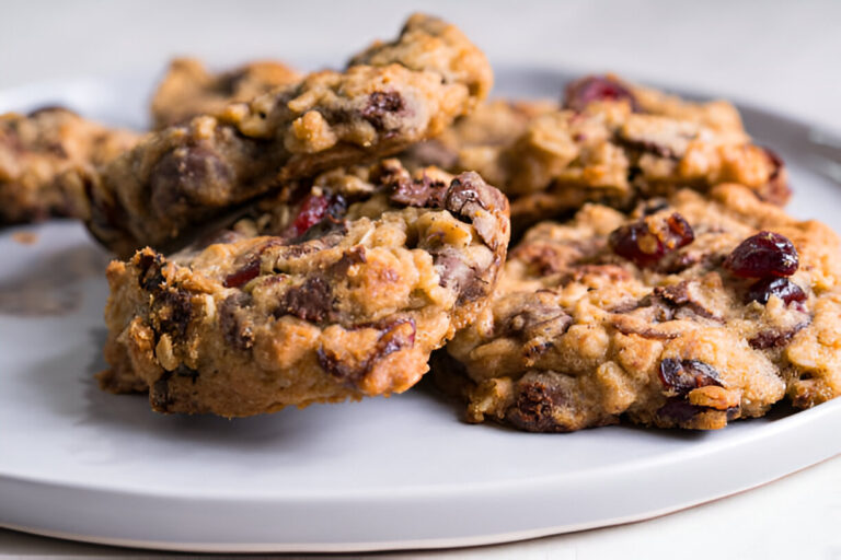 A close-up of oatmeal cookies with chocolate chips and cranberries on a white plate.