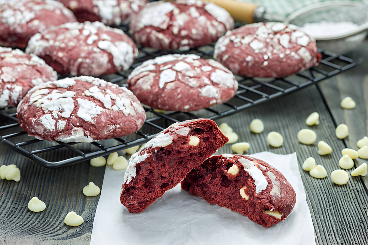 A close-up of freshly baked red velvet cookies with white chocolate chips, one cookie is broken in half to show the inside texture.