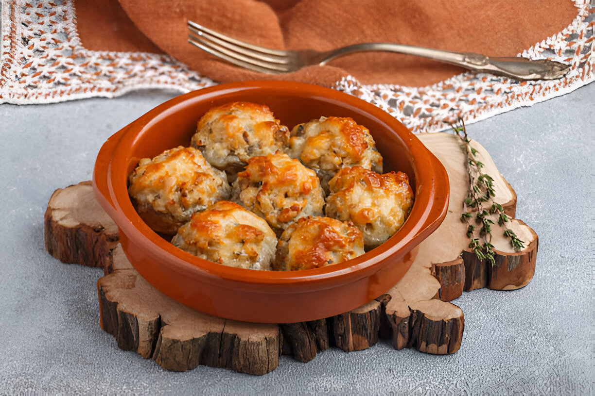 Baked savory meatballs in a terracotta dish served on a wooden slice.