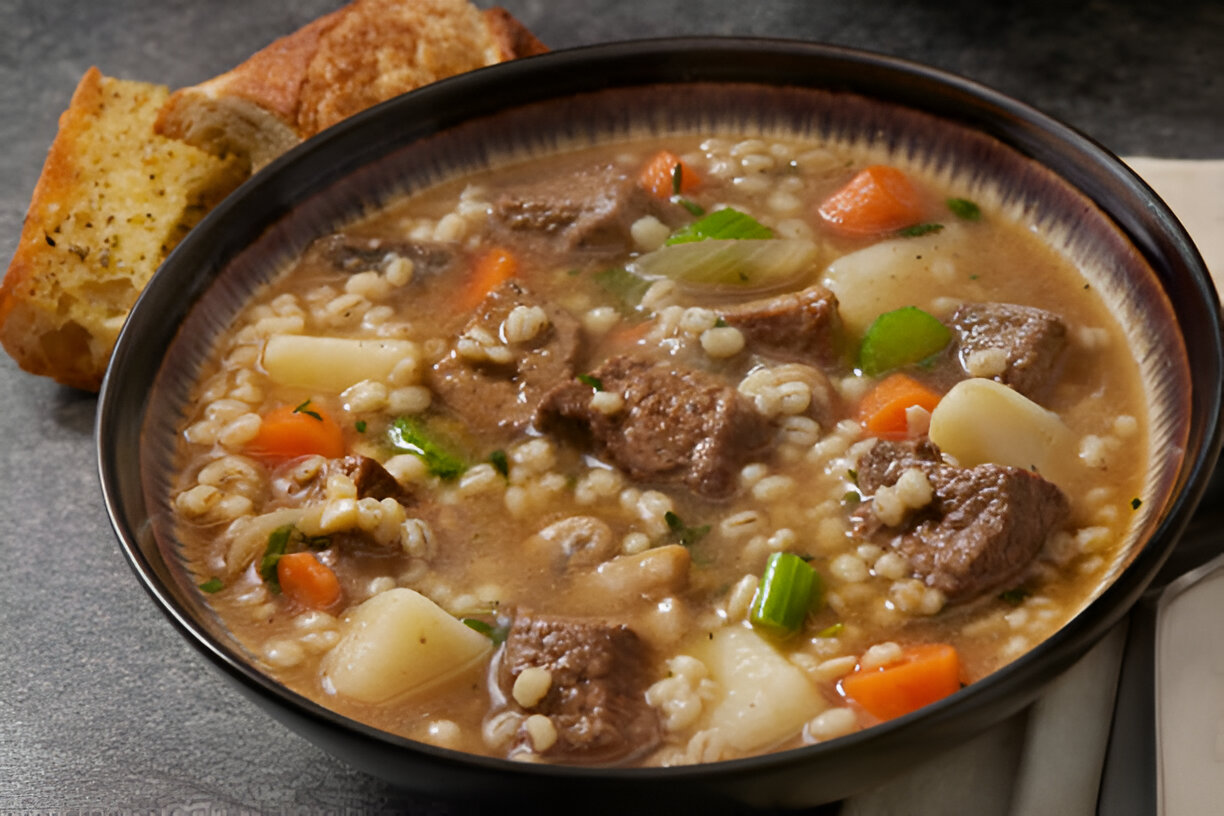Bowl of hearty beef and barley soup with colorful vegetables, accompanied by a slice of garlic bread.