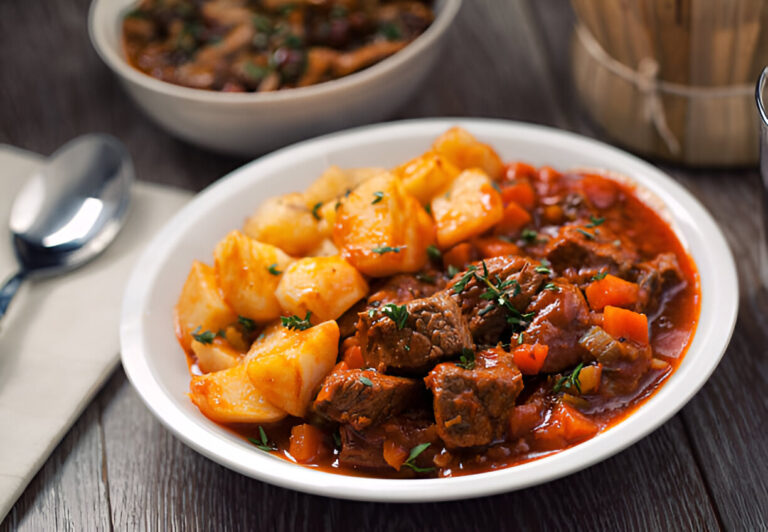 A hearty bowl of beef stew served with soft potatoes and garnished with fresh herbs.