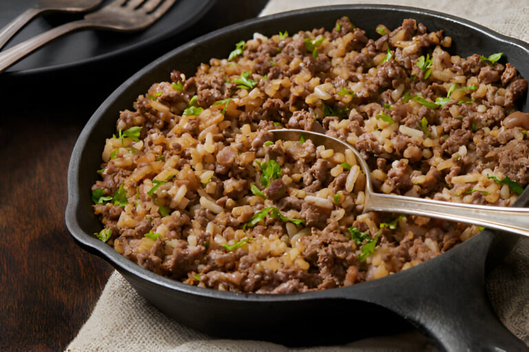 A skillet filled with a hearty mixture of ground beef, rice, and chopped parsley on a rustic table.
