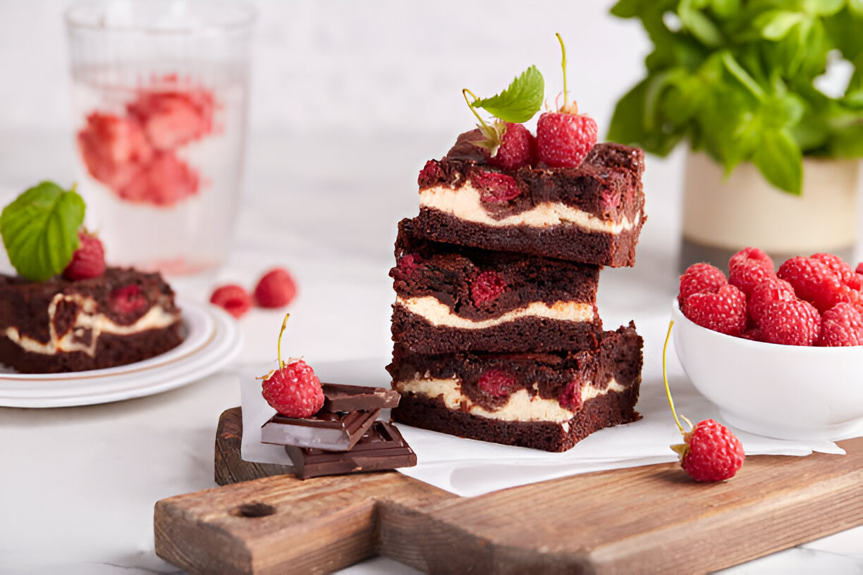 Delicious raspberry chocolate brownies stacked on a wooden board with fresh raspberries and chocolate pieces.