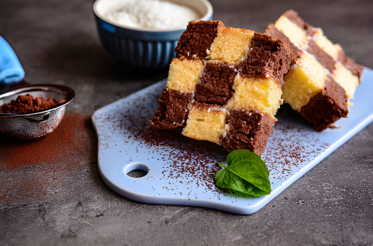 A dessert of checkerboard cake slices on a blue cutting board, with cocoa powder beside it.