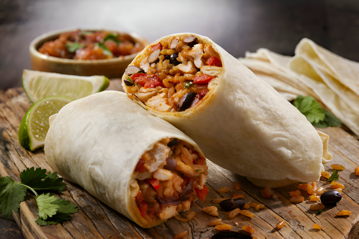 Two burritos filled with rice, beans, and vegetables, served with lime wedges and a bowl of salsa on a wooden cutting board.