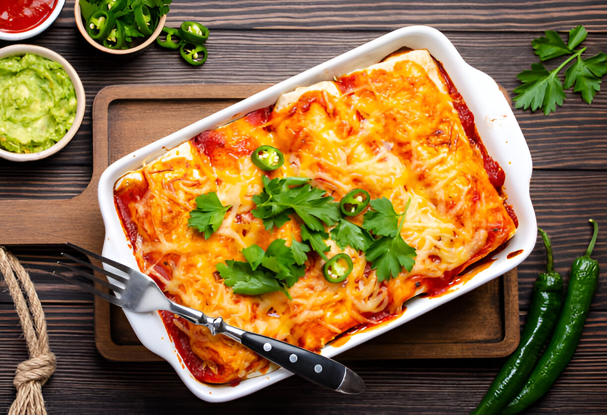 A delicious serving of cheesy enchiladas topped with cilantro and sliced jalapeños in a white baking dish, surrounded by bowls of guacamole and salsa.