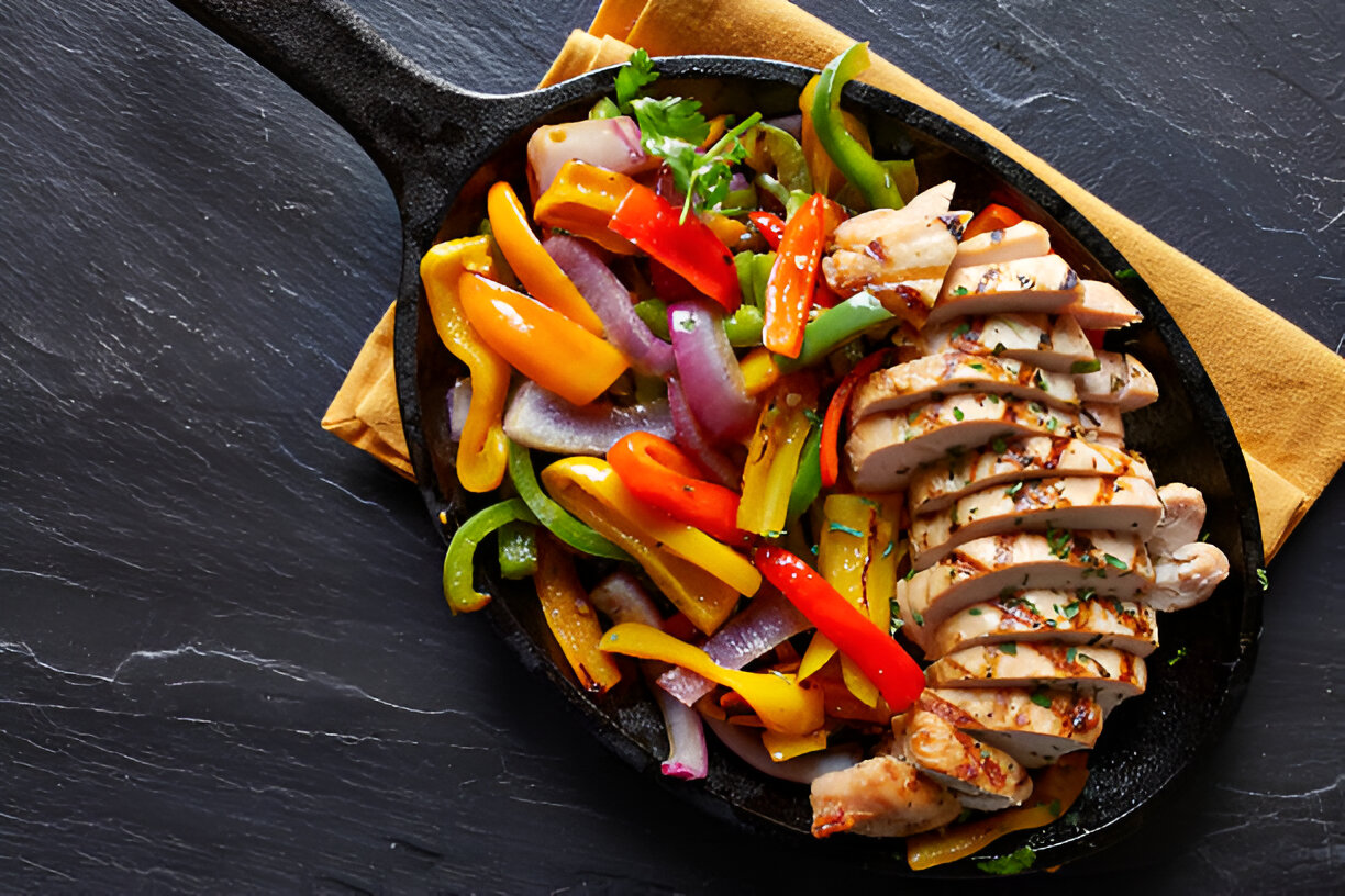 Sliced grilled chicken breast served with colorful sautéed bell peppers in a cast iron skillet