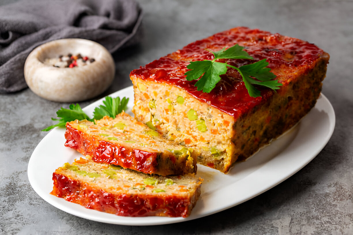 A slice of meatloaf on a white plate garnished with parsley, with additional slices beside it and a small bowl of peppercorns in the background.