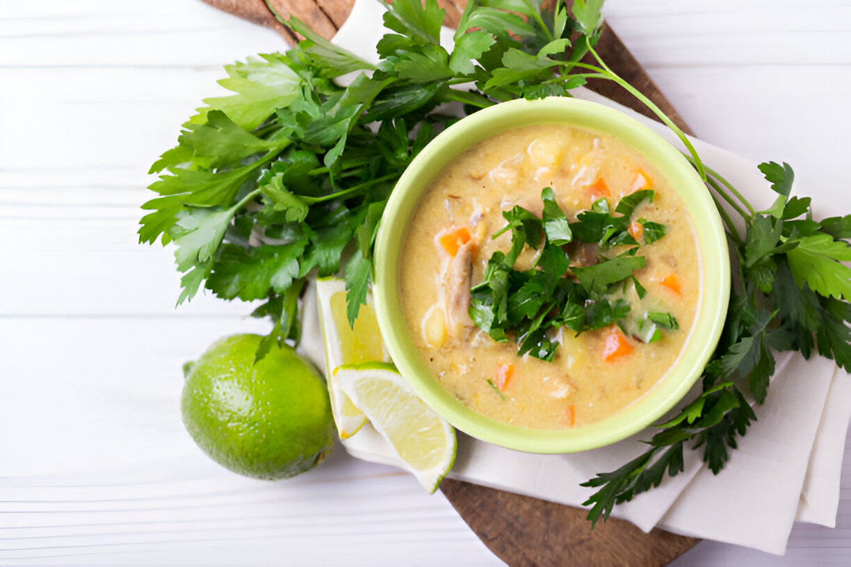 A bowl of creamy soup garnished with fresh parsley, surrounded by lime wedges and herbs on a wooden cutting board.