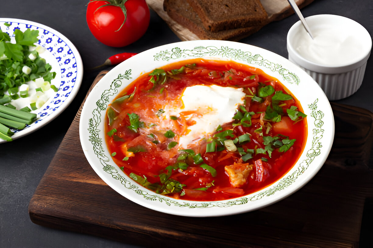 A bowl of vibrant red soup garnished with green herbs, surrounded by fresh ingredients including tomatoes, green onions, and a side of bread.