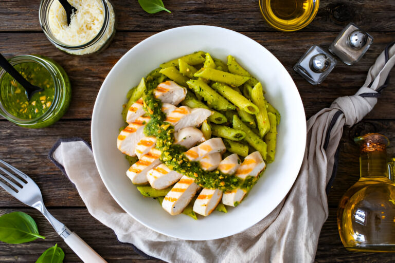 A white bowl filled with green pasta topped with sliced grilled chicken and pesto sauce, surrounded by ingredients on a wooden table.