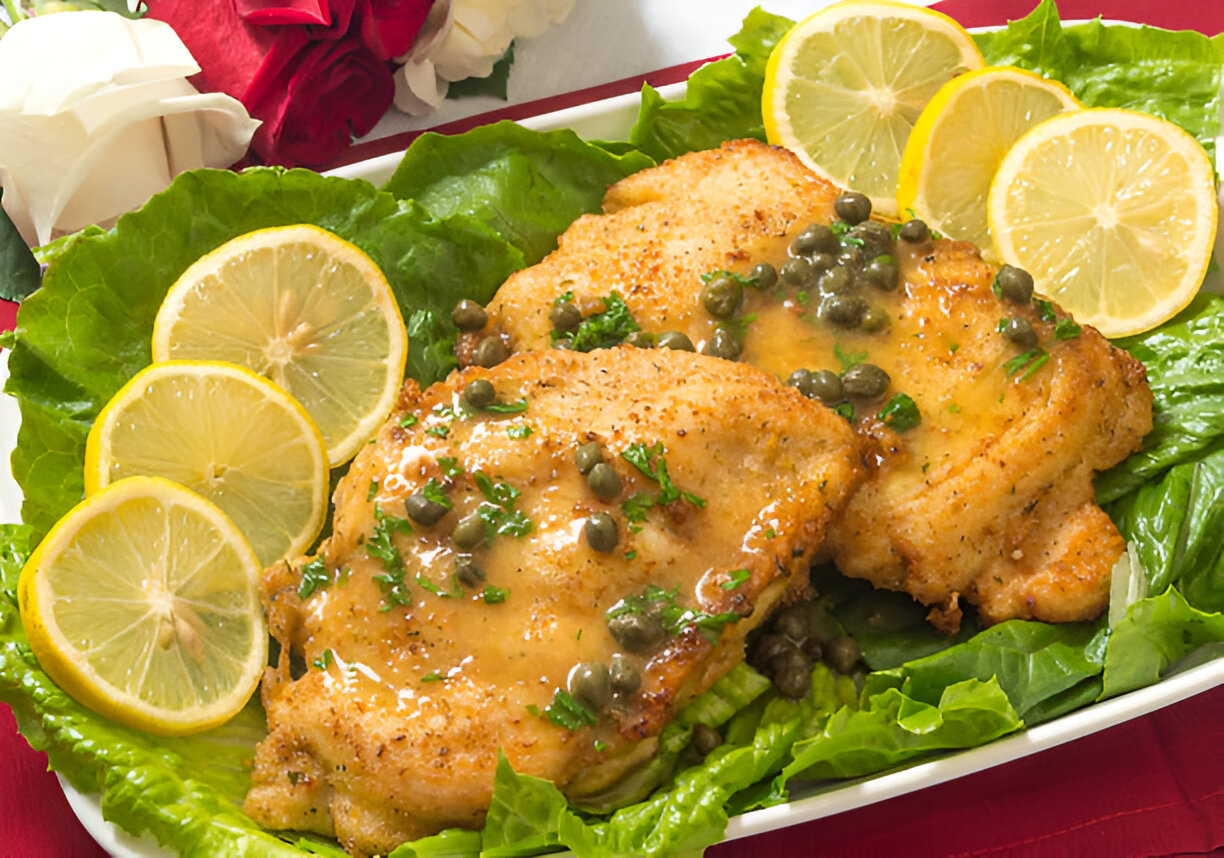 A plate of breaded fish fillets topped with capers and a lemon butter sauce on a bed of lettuce, garnished with lemon slices.