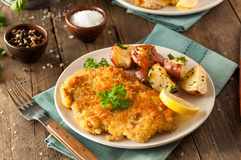 A plate of golden fried chicken cutlet served with roasted potatoes and a wedge of lemon on a wooden table