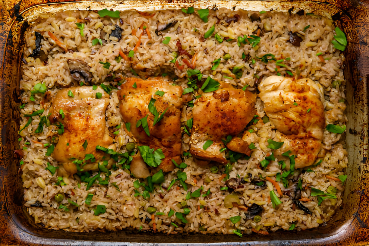 A delicious baked dish featuring chicken thighs on a bed of seasoned rice with green herbs sprinkled on top.