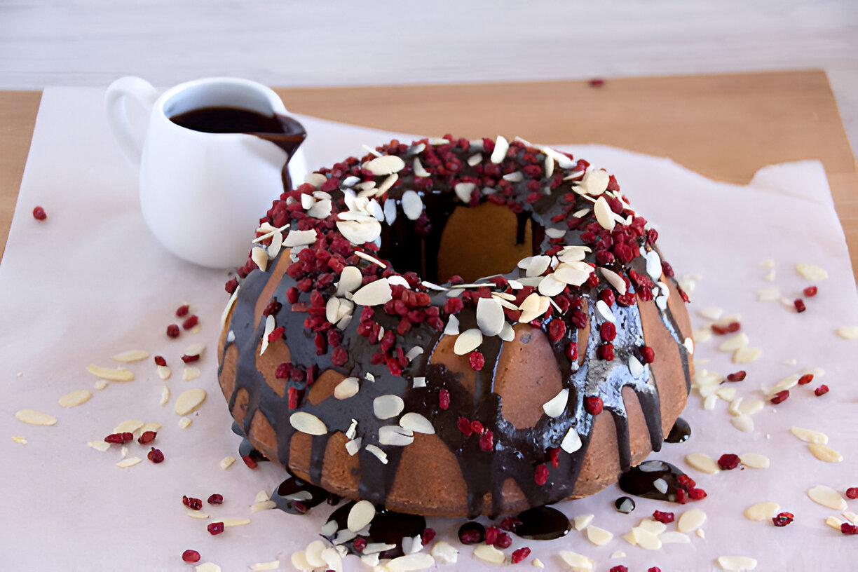 A beautifully decorated bundt cake topped with chocolate glaze, dried raspberries, and sliced almonds, next to a small white pitcher of chocolate sauce.