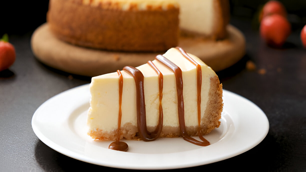 A slice of cheesecake topped with a caramel drizzle, served on a white plate.