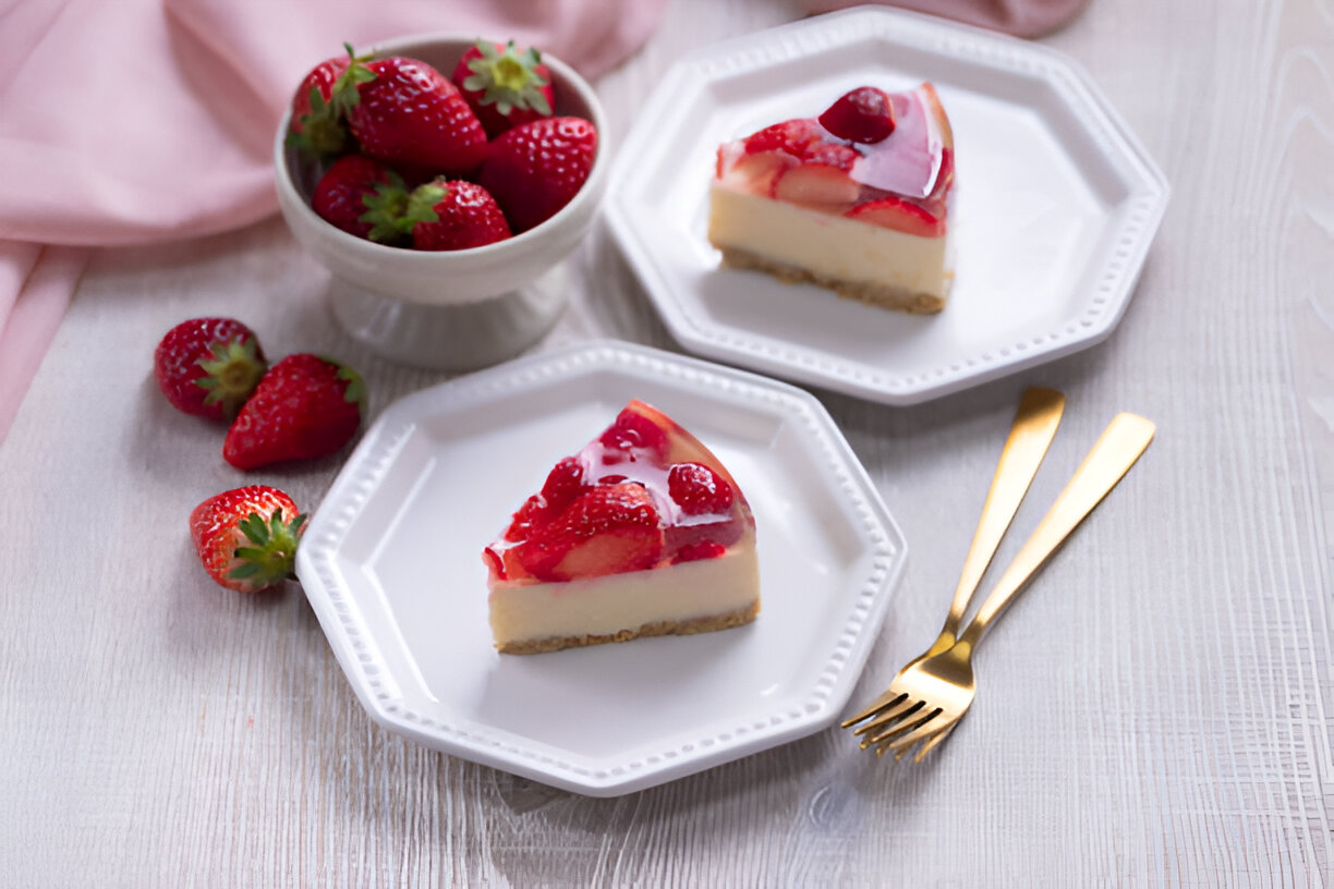 Two slices of strawberry cheesecake served on white plates with fresh strawberries in a bowl.