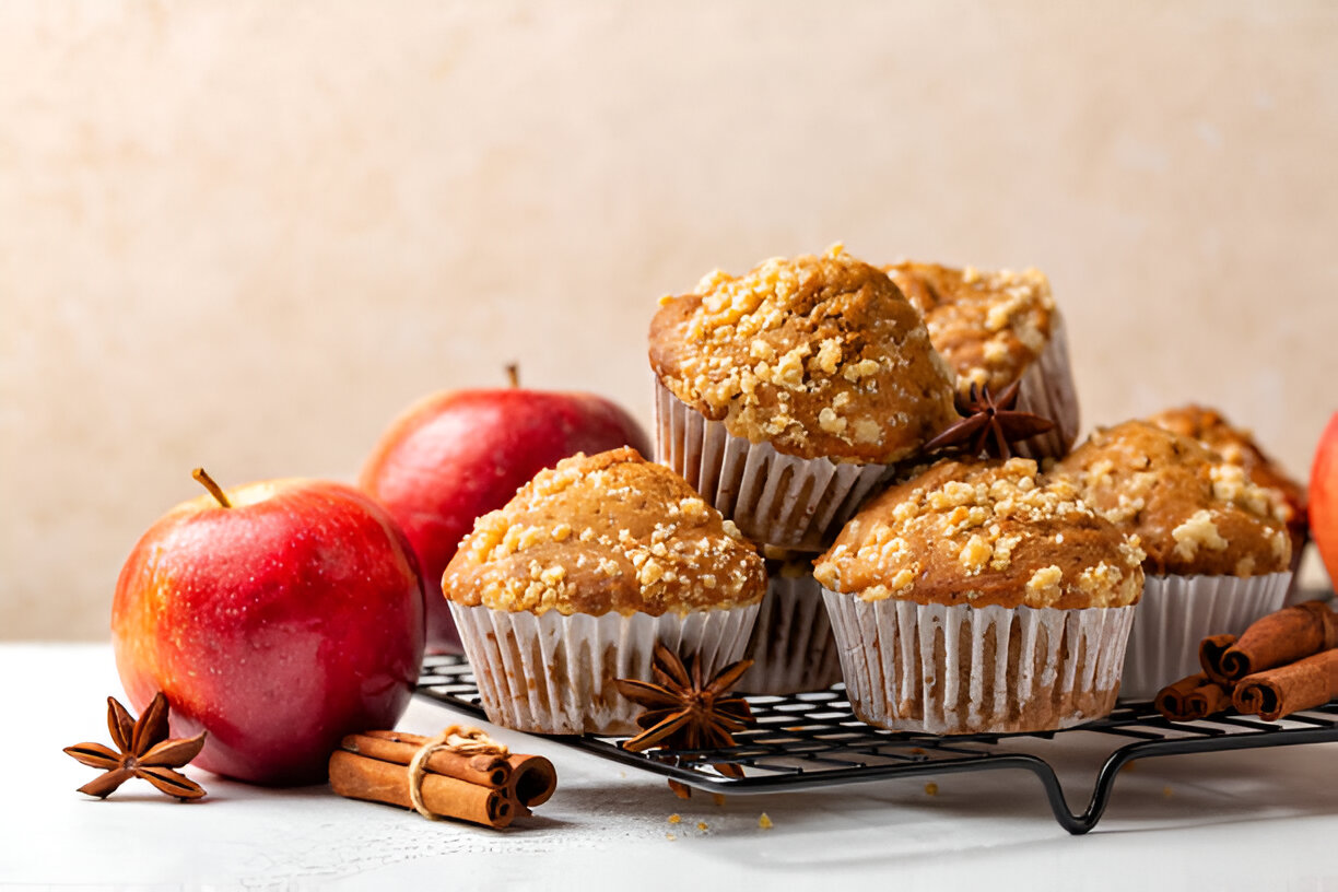 A delicious assortment of freshly baked muffins topped with crumbly streusel, accompanied by red apples and cinnamon sticks.