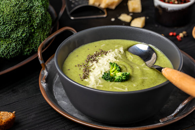 A bowl of creamy broccoli soup garnished with broccoli florets and spices, surrounded by fresh broccoli and bread on a dark wooden table.