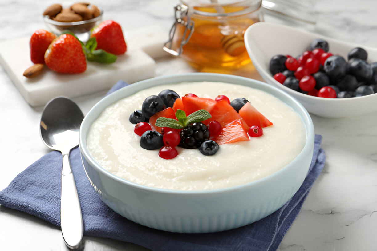 A bowl of creamy yogurt topped with fresh berries and mint leaves, placed on a blue napkin beside a spoon.