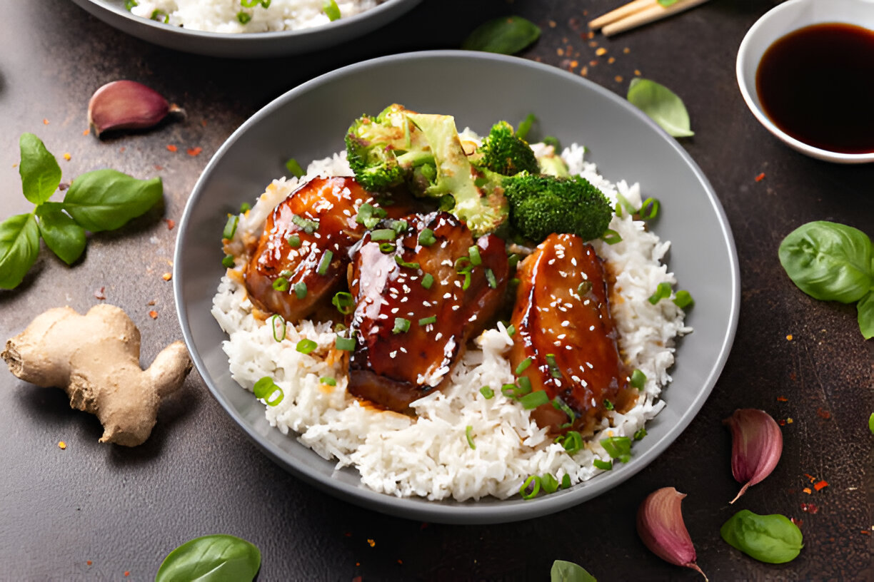 A bowl of rice topped with glazed chicken, broccoli, and garnished with green onions and sesame seeds.