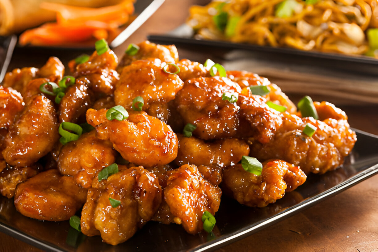 A plate of crispy, golden-brown chicken pieces coated in a shiny glaze and garnished with chopped green onions.