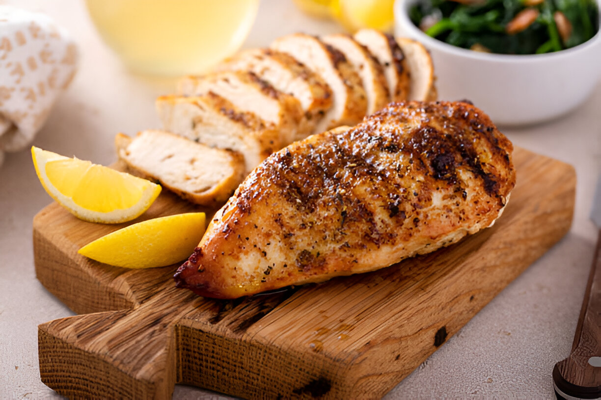 Grilled chicken breast served with lemon slices on a wooden cutting board