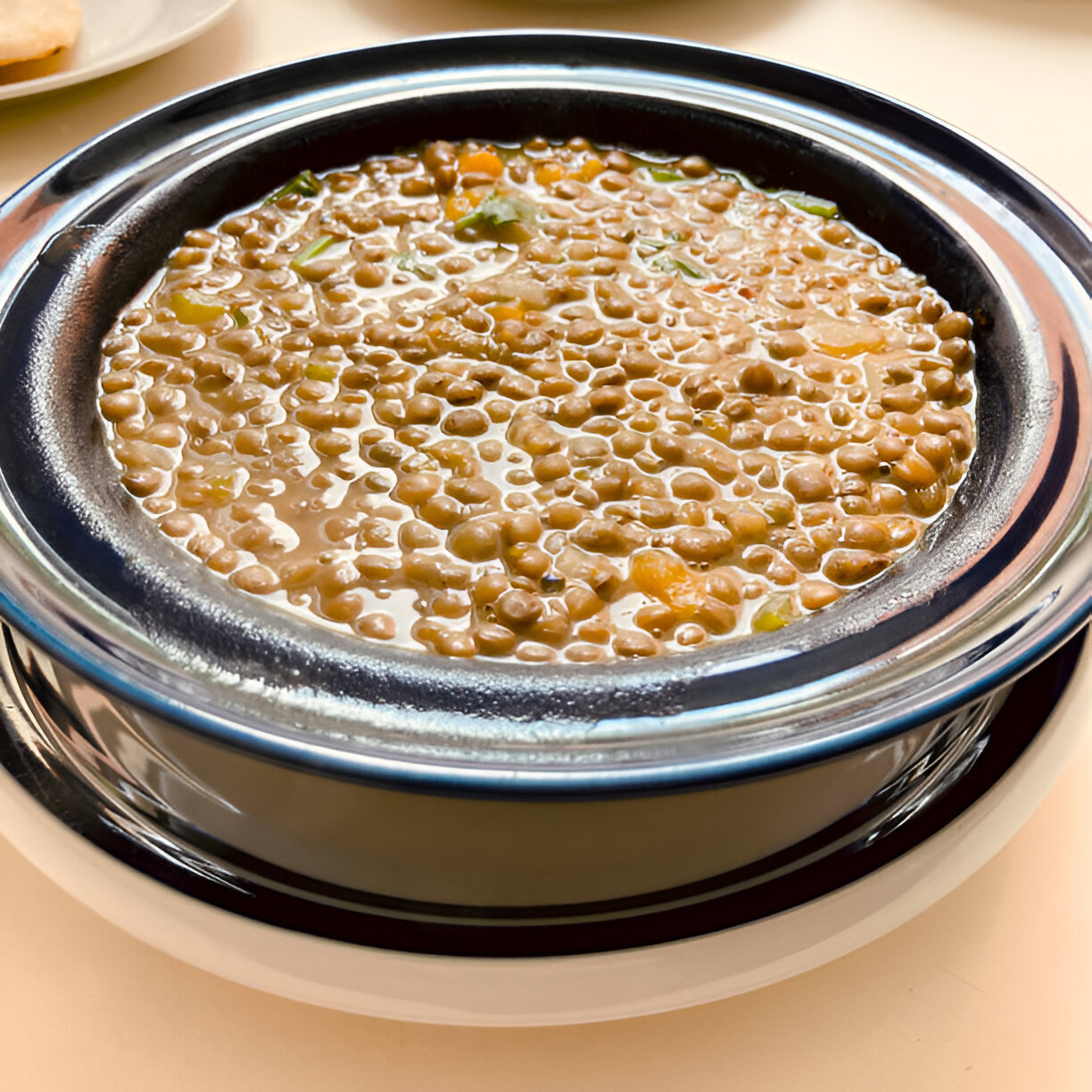 A dish of lentil stew served in a round black and silver bowl with a shiny surface.