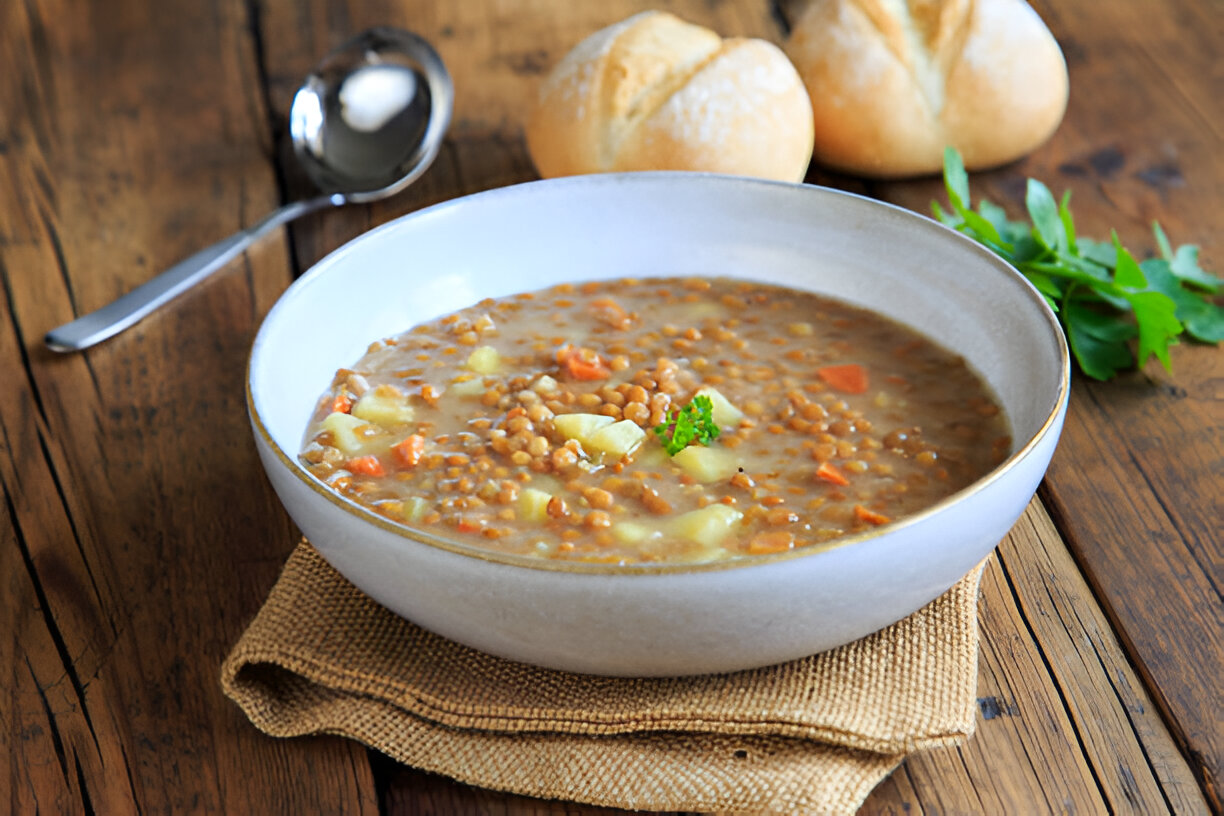 A bowl of hearty lentil soup with chunks of vegetables, garnished with a small green leaf, placed on a burlap cloth, accompanied by two bread rolls.