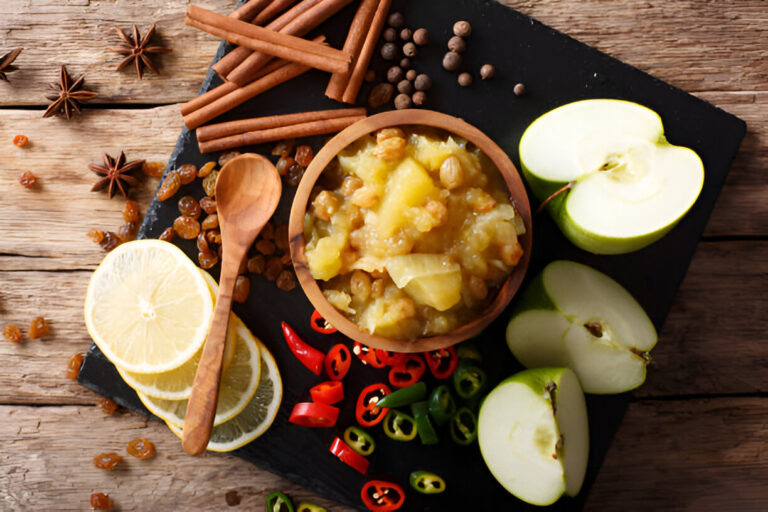 A wooden bowl filled with a chunky apple and raisin mixture, surrounded by green apple slices, lemon slices, red and green chili peppers, cinnamon sticks, star anise, and peppercorns on a slate board.