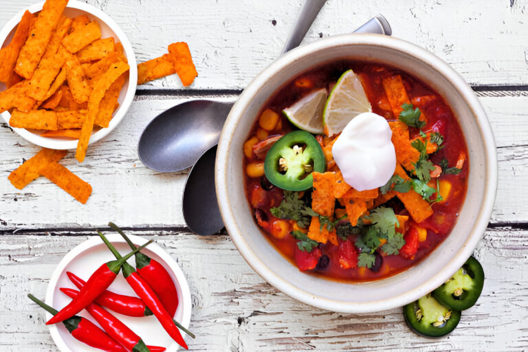 A bowl of chili topped with sour cream, lime wedges, and crispy chips, with a side of chili peppers and chips on a rustic wooden surface.
